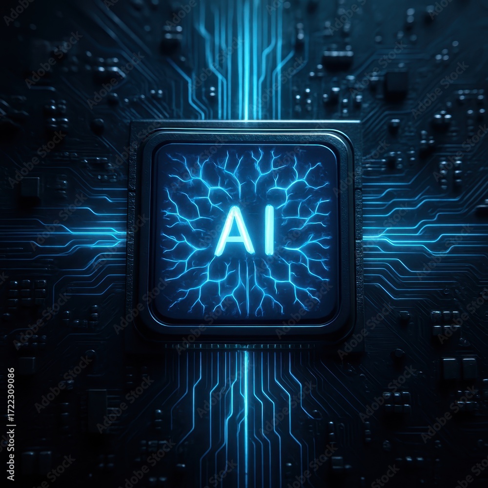 Poster futuristic ai microchip with glowing neural circuits on dark motherboard macro view cyber technology