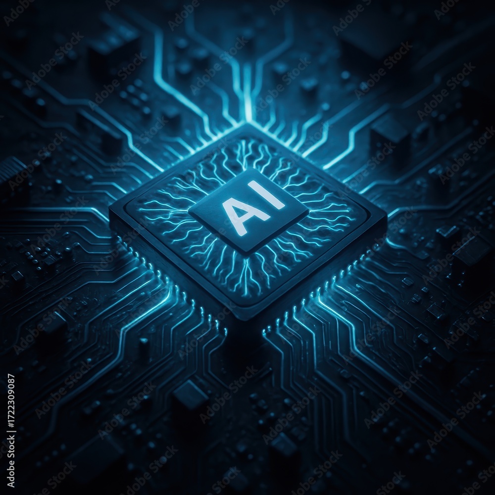 Poster futuristic ai microchip with glowing neural circuits on dark motherboard macro view cyber technology