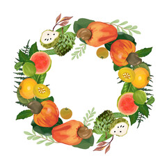 Fresh summer fruits and vegetables border frame with apples, strawberries, carrots, and tomatoes for a healthy vegetarian food collection