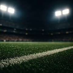 Naklejka premium American football field turf with crisp white yard lines under bright stadium lights dramatic night game atmosphere with blurred crowd and broadcast look