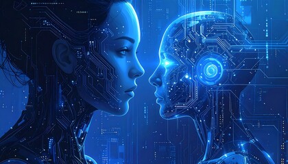 A mesmerizing digital artwork depicts two ethereal figures a woman and a robotic entity facing each other within an electrifying blue circuit backdrop
