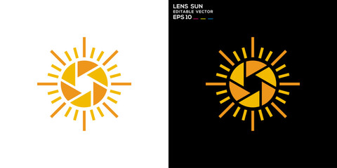 Sun lens logo. Photographer, morning, light, camera. Vector icon symbol template EPS 10.