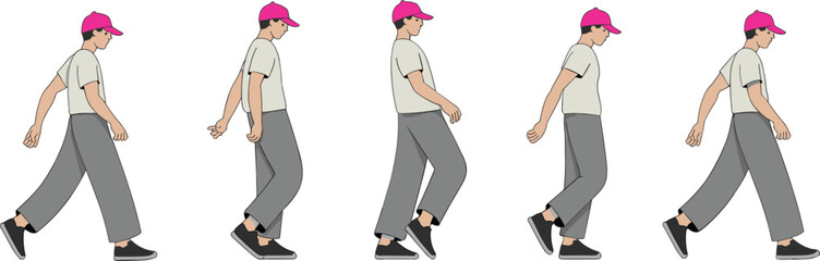 Walking cycle illustration, human gait motion, character animation reference, biomechanics study, cartoon style movement, pose breakdown, step sequence, pink cap