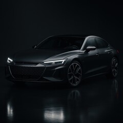 Naklejka premium Electric luxury sports sedan in moody studio lighting sleek graphite finish with razor sharp lines glossy reflections dynamic front angle automotive advertising hero
