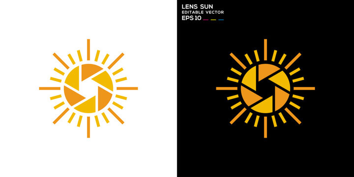 Sun lens logo. Photographer, morning, light, camera. Vector icon symbol template EPS 10.