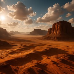 Naklejka premium Epic Wadi Rum desert panorama with towering sandstone cliffs orange dunes dust haze and dramatic clouds evoking Mars cinematic landscape travel