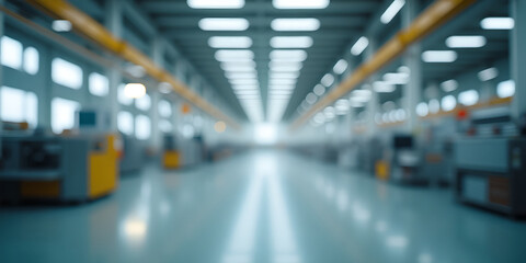 Blurred industrial factory interior with long corridor, ceiling lights and heavy machinery. Blurred background for industrial theme design.