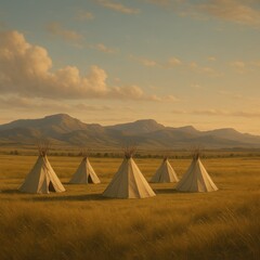Circle of traditional tipis on open prairie under golden sunset honoring indigenous heritage culture and connection to land with serene wide landscape