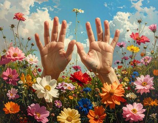 Hands reaching for a vibrant flower field
