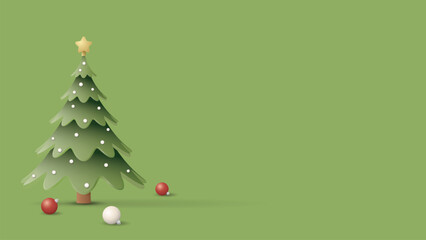 3D decorated Christmas tree with event balls on green background graphic illustration have blank space.