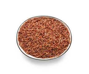Bowl with brown rice on white background