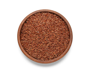 Bowl with raw brown rice on white background