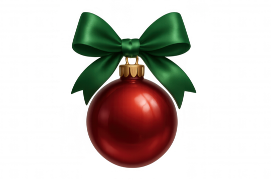 Red christmas bauble with green ribbon bow creating festive holiday decoration on transparent background