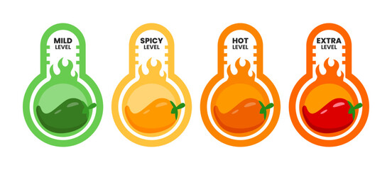 Set of spicy level label set collection with fire flames, red Chili Peppers Fire Flames icon. Mild level, hot, spicy, extra, medium with yellow, orange, and green color. Extra chili badge. Spicy logo.
