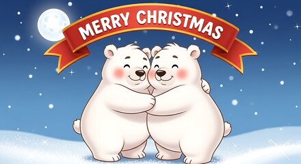 Two cute polar bears hugging each other under merry christmas banner, christmas and new year greeting card illustration