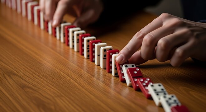 Domino Effect: Hand Initiating Chain Reaction of Red and White Dominoes on Wood Surface - Powered by Adobe
