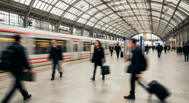 People in motion blur on a train station platform