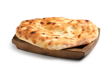 Wooden tray with tasty lavash on white background