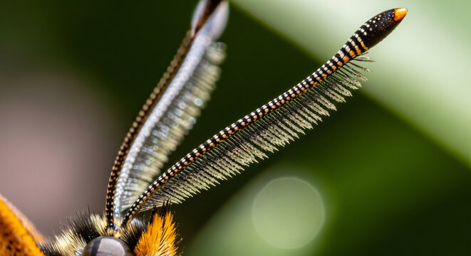 Extreme close-up macro photograph of a butterfly's delicate feathery antennae, showcasing intricate details and textures against a softly blurred green background.