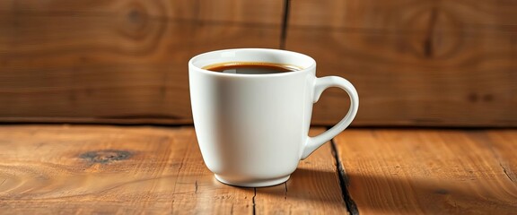 Obraz premium Sleek white coffee cup mockup on rustic wooden surface, display, object