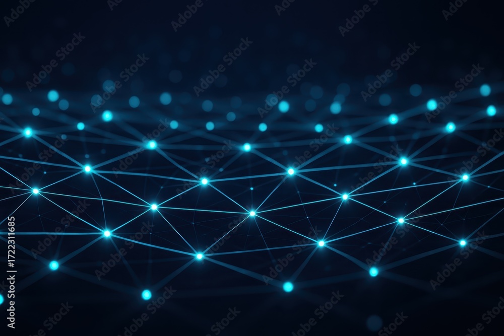 Poster flowing neon lines and particle nodes forming data mesh on dark gradient background with depth of fi