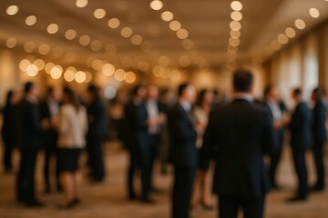 Corporate networking mixer background with bokeh lights and silhouettes of professionals in conference hall subtle motion blur for copy space