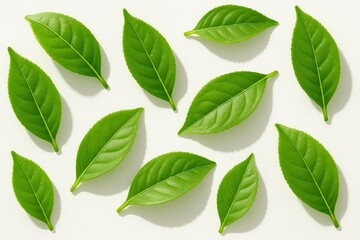 Fototapeta premium Fresh green tea leaves arranged flat lay on pure white background with crisp shadows and delicate veins botanical minimal wellness concept