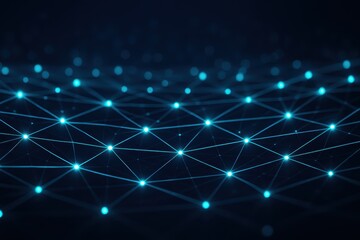 Fototapeta premium Flowing neon lines and particle nodes forming data mesh on dark gradient background with depth of field futuristic technology wallpaper