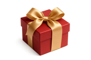 Obraz premium Luxurious red present box with satin gold bow isolated on clean white background premium holiday packaging for ecommerce product mockup and celebration design
