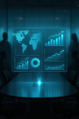 Digital Infographics: A modern, teal-hued digital display showcases dynamic infographics, offering a data-driven view within a corporate setting.