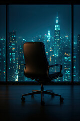 Empty Seat in Cityscape: A solitary office chair sits before a vast window, overlooking a mesmerizing cityscape illuminated at dusk, evoking a sense of anticipation, ambition, and urban grandeur.