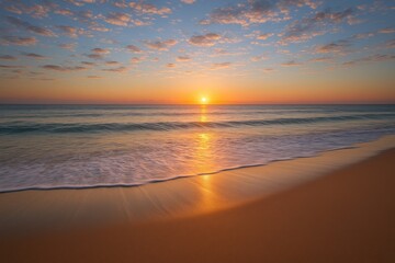 Fototapeta premium Golden sunrise over tranquil sandy beach with gentle waves glowing clouds and long exposure motion soft pastels peaceful coastal morning seascape