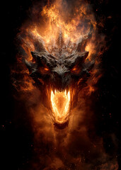 Majestic Dragon Head Breathing Fire in a Dark, Mystical Landscape During a Fierce Battle