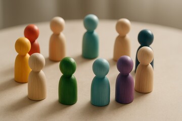 Inclusive community concept with wooden and colorful figurines in a circle symbolizing diversity equality teamwork and human centered culture