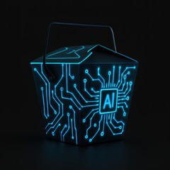 AI-Powered Meal Concept: A digital illustration showcases a futuristic black takeout box illuminated with a glowing circuit board design and the 'AI' symbol.