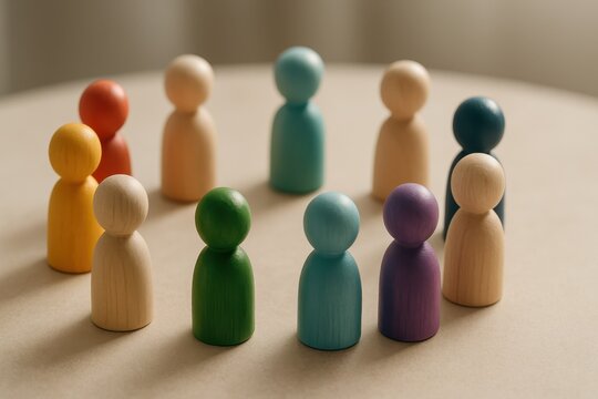 Inclusive community concept with wooden and colorful figurines in a circle symbolizing diversity equality teamwork and human centered culture