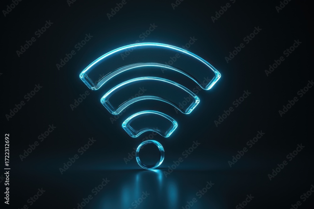 Poster glossy 3d wifi signal icon in translucent glass neon style on dark gradient backdrop modern connecti