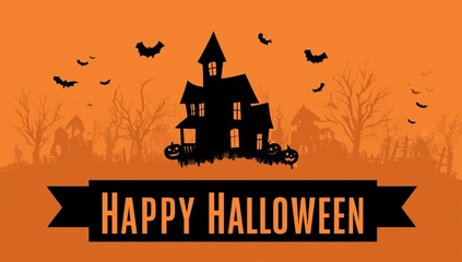 halloween-themed background with a spooky haunted house, pumpkins, and bats against an orange sky "happy halloween" text written in a black bold font on a banner Generative AI