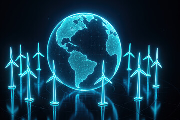 Green Energy Innovation: A futuristic representation, featuring a glowing Earth encompassed by sustainable wind turbines.
