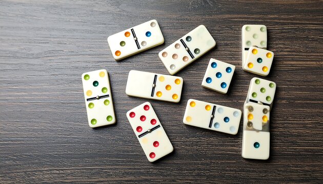 Dominoes Game Pieces on Wooden Table.