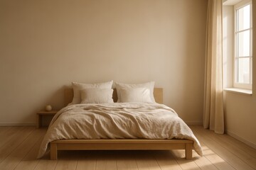 Soft beige bedroom with wooden bed linen pillows and large empty wall for poster mockups serene Scandinavian interior design with natural daylight shadows