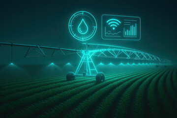 Automated Irrigation System: A cutting-edge, digitally enhanced depiction of a modern farming landscape, showcasing an automated irrigation system.