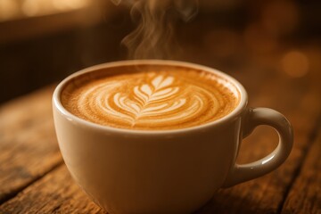Steaming cappuccino in a white ceramic cup on rustic wooden table rich crema and aromatic swirl cozy morning cafe atmosphere