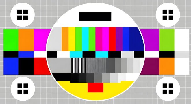 Retro Television Test Pattern Grid A Nostalgic Digital Art Graphic Featuring Bold Color Bars, Geometric Shapes, and a Central Circle for a Vintage Tech Aesthetic!
