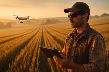 Sunrise smart farming scene with drone mapping and farmer using AR glasses in golden wheat field sustainable agriculture and data driven harvest