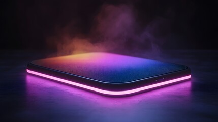A dark, dramatic presentation of a futuristic, rectangular device, illuminated by vibrant hot pink neon lighting.