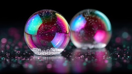 Iridescent Floating Water Bubbles Reflecting Rainbow Colors on Black Background with Tiny Silver Beads