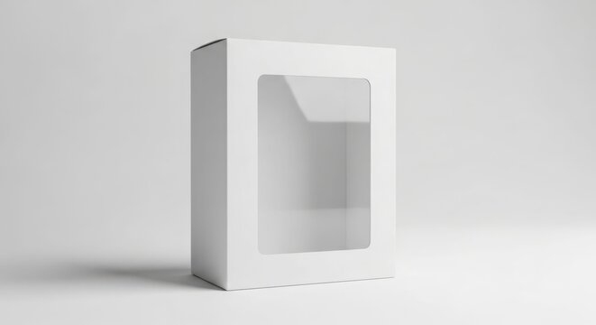 White cardboard box with clear window, product packaging mockup, clean design, studio shot.