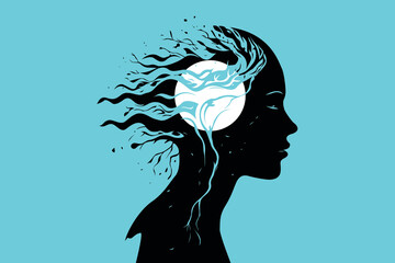 Abstract Mind Silhouette with Tree Roots and Moon – Meditation and Spiritual Concept Illustration © Snezana