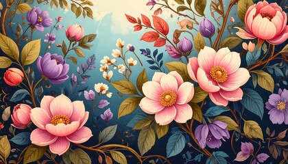 Floral tapestry of blossoms and leaves